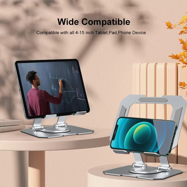360° Rotating Metal Tablet & Mobile – Adjustable, Foldable, And Portable Desk Mount With Cooling Design For Phones, Tablets, And Small Devices, Device Cooling Stand | Stainless Steel Stand, Tablet Holder Stand – Random Color - Virtual Mart