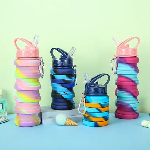 Expandable Silicone Sipper Water Bottle For Sports, Trekking, Cycling, Gym, School Water Bottle With Snap Hook 500 Ml (random Color) - Virtual Mart