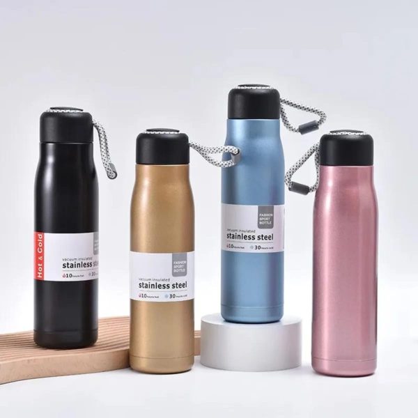Stainless Steel Insulated Vacuum Water Bottle 550ml, Cola Shape, Leak Proof, With Strong Rope Cap | Hot & Cold Portable Thermos Water Bottle Thermo Mug Stainless Steel Vacuum Flask Mug Insulation Cup (random Color) - Virtual Mart