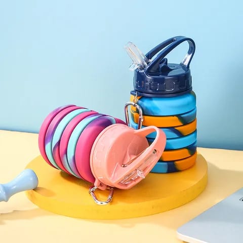 Expandable Silicone Sipper Water Bottle For Sports, Trekking, Cycling, Gym, School Water Bottle With Snap Hook 500 Ml (random Color) - Virtual Mart
