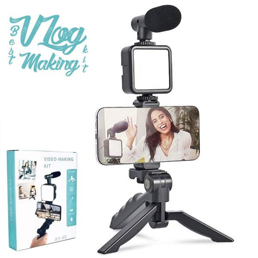 Ay-49 Vlogger Video Making Kits Vlog Microphone Led Fill Light Mini Tripod Mobile Holder - Virtual Mart